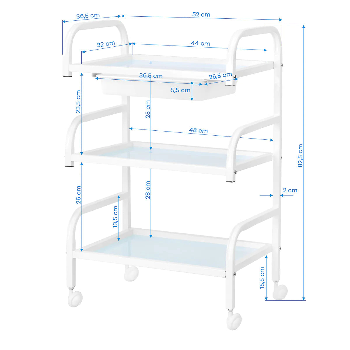 Mesa auxiliar de estética en aluminio blanco y cristal