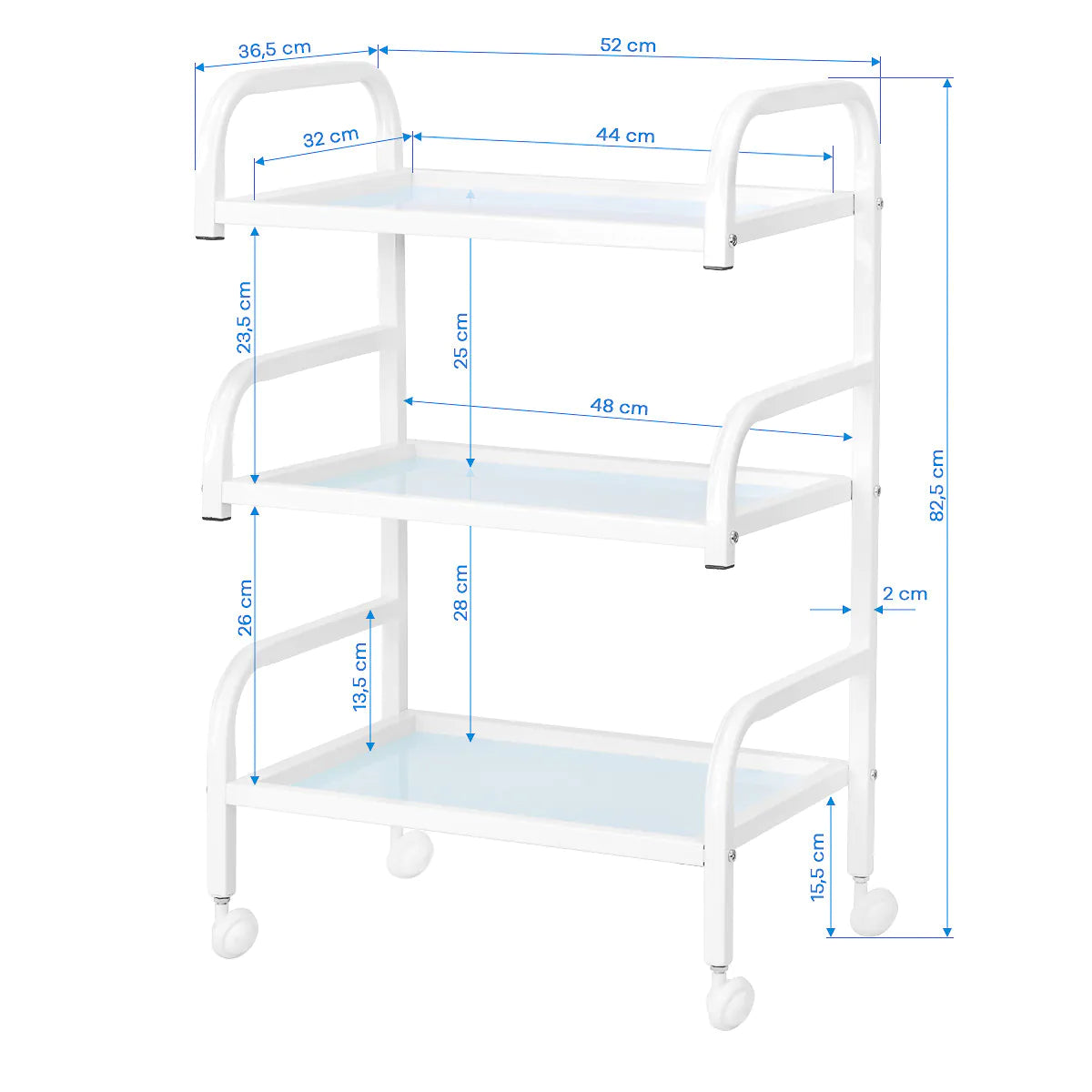 Mesa auxiliar de estética en aluminio blanco y cristal