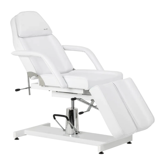 Sillón de pedicura hidráulico con reposapiés y función mecedora, tapeceria blanca, base blanca