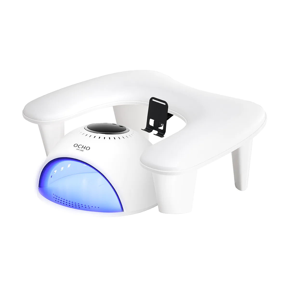 Reposabrazos para manicura con soporte para móvil