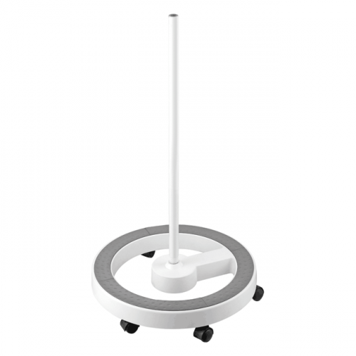 Pie soporte para lámpara lupa con base circular y 4 ruedas.
