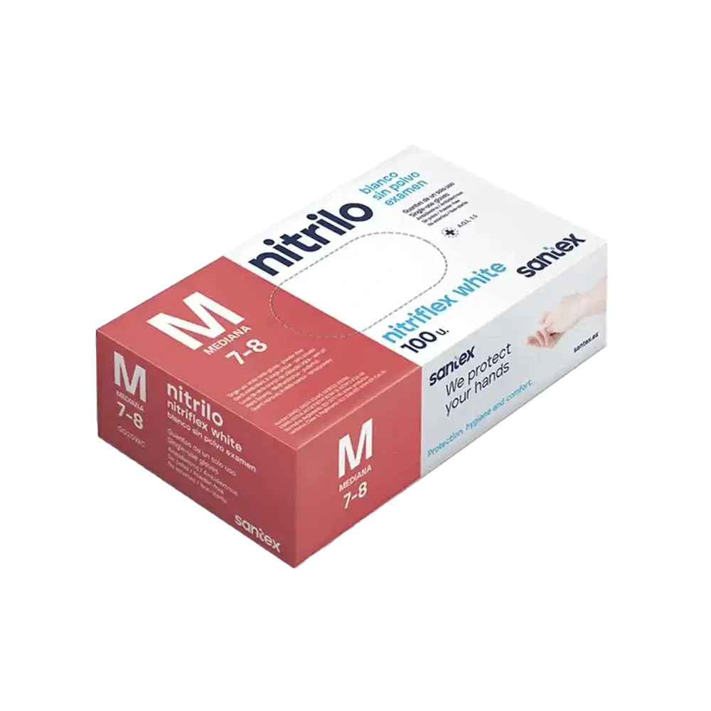 Guantes de Nitrilo Blancos sin Polvo Santex | Pack de 100 Uds. Grado Médico Clase I